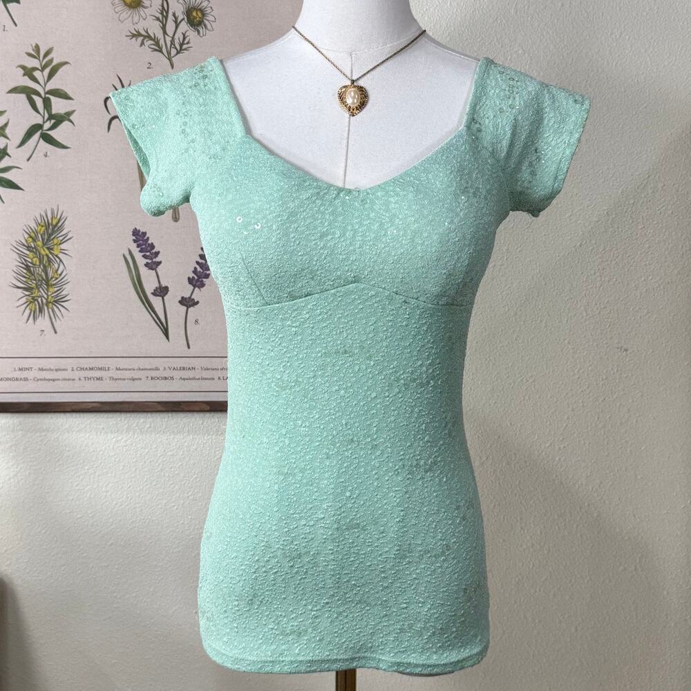 Vintage 90s Y2K Mint Green Sequin Babydoll Top Fairy Mermaid Whimsy Forest M